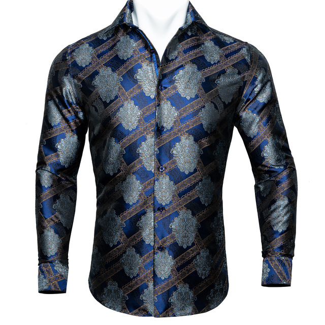 Barry.Wang Teal Paisley Floral Silk Shirts Men Autumn Long Sleeve Casual Flower Shirts For Men Designer Fit Dress Shirt BCY-05 - Image 9