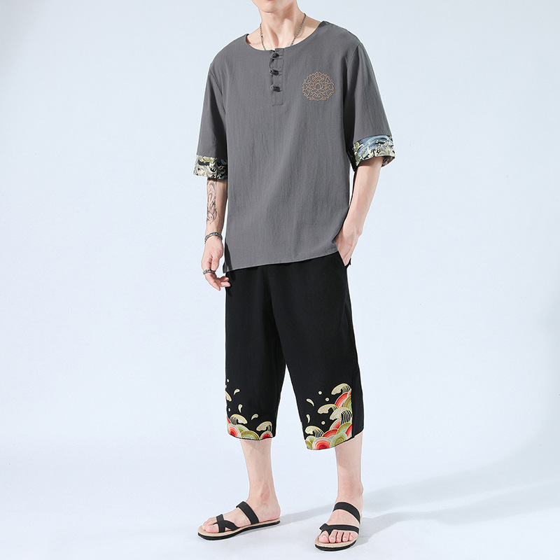 Japanesex Kimonos Summer 6 Colors Short-Sleeved T-shirt Harajuku Yukata Japan Embroidered Linen Men Shirts Trousers Asian Costume - Image 5