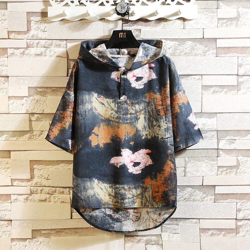 INCERUN Ethnic Style Printed T Shirt Men Hooded Vintage Half Sleeve Cotton Pullovers Chic Button Streetwear Mens T-shirts - Image 5