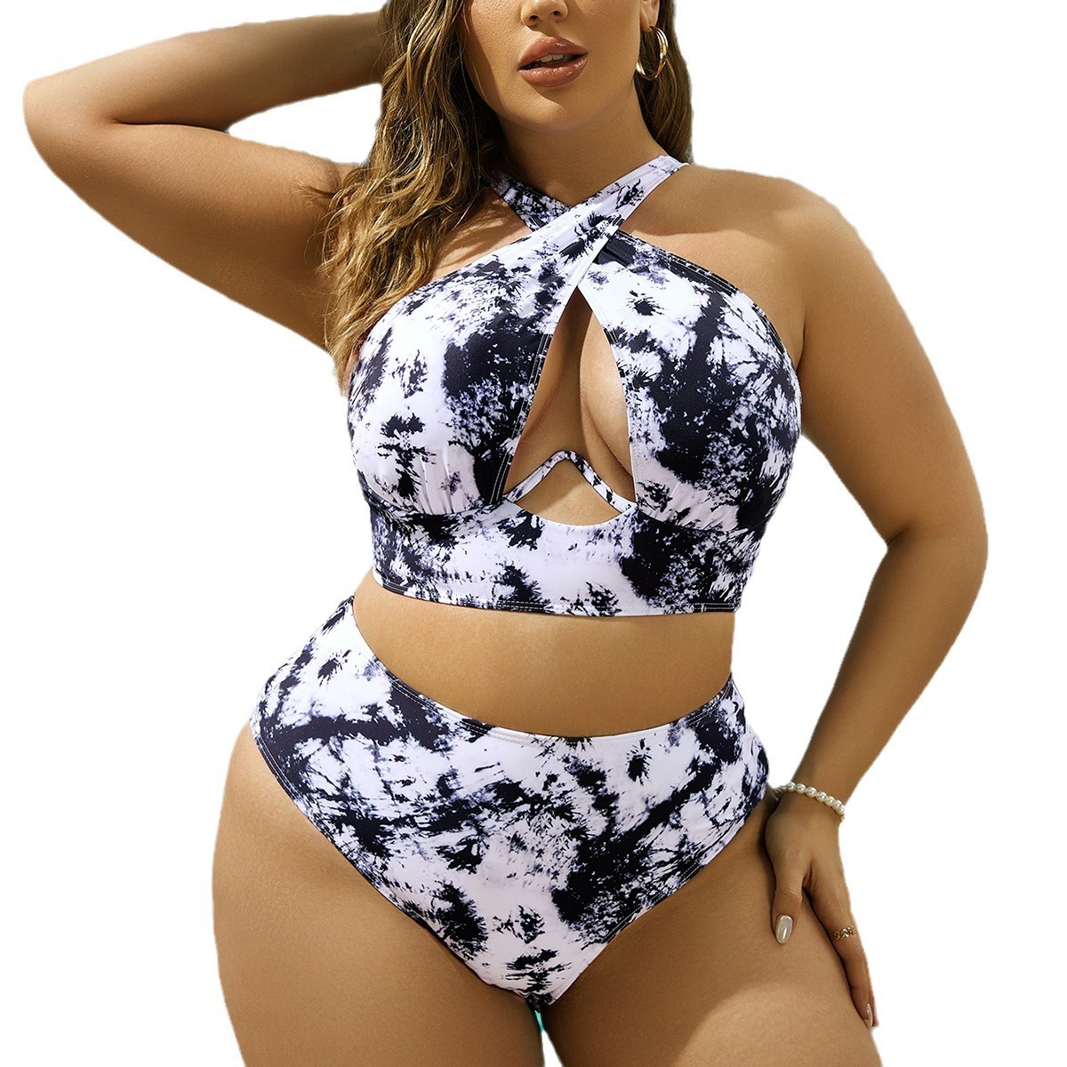 Cross Collar Random Printed Bikini Swimsuit Suit - Image 4