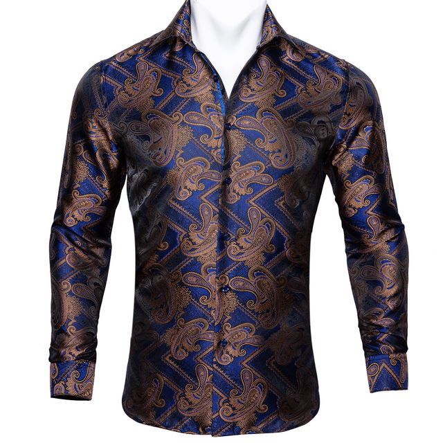 Barry.Wang Teal Paisley Floral Silk Shirts Men Autumn Long Sleeve Casual Flower Shirts For Men Designer Fit Dress Shirt BCY-05 - Image 6