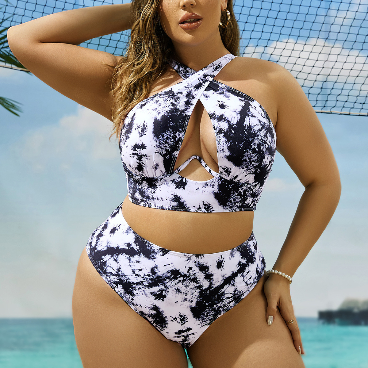 Cross Collar Random Printed Bikini Swimsuit Suit - Image 10