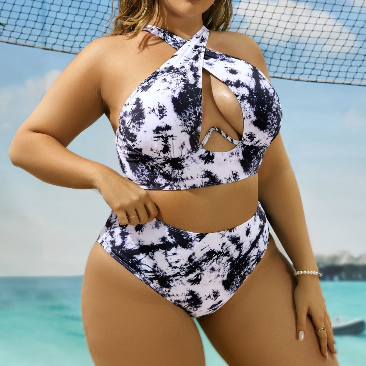 Cross Collar Random Printed Bikini Swimsuit Suit - Image 3