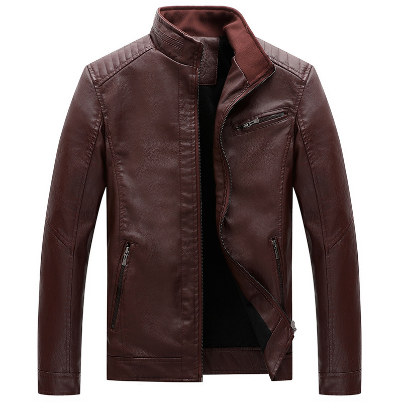 New Men's Leather Jackets Plus Velvet Solid Color - Image 4