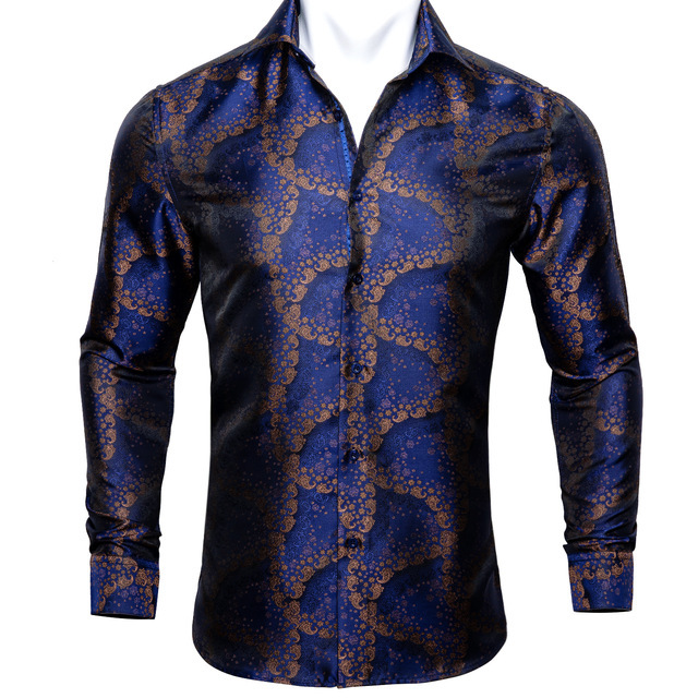 Barry.Wang Teal Paisley Floral Silk Shirts Men Autumn Long Sleeve Casual Flower Shirts For Men Designer Fit Dress Shirt BCY-05 - Image 3