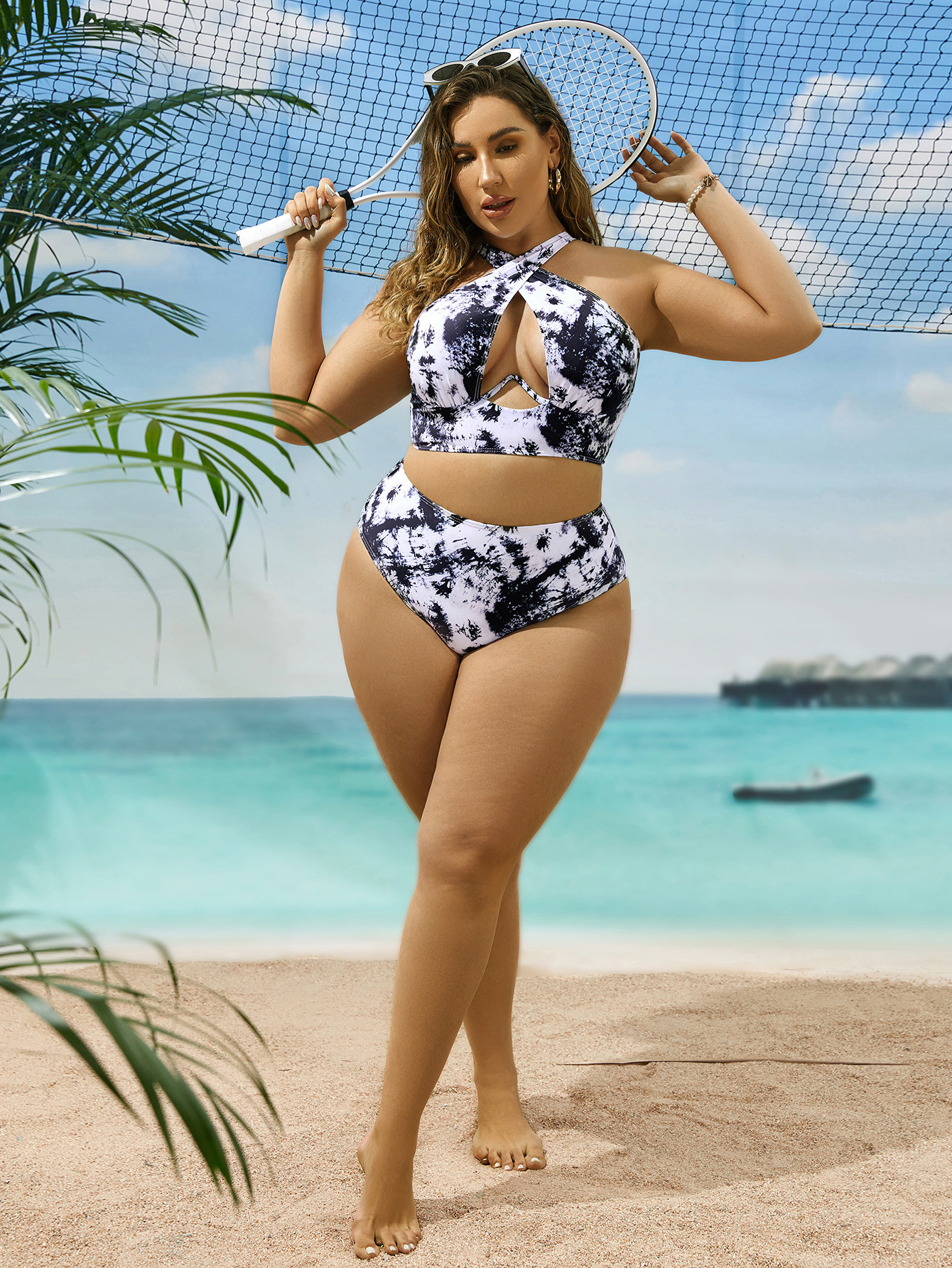 Cross Collar Random Printed Bikini Swimsuit Suit - Image 8