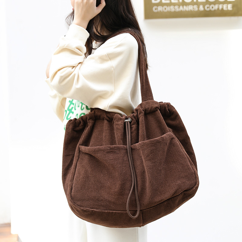 Ins Corduroy Shoulder Bags Drawstring Multi-pocket Handbag Women Underarm Bags - Image 3