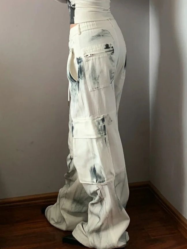 Plus Size Washed Brushed Multi-pocket Workwear Jeans For Women - Image 9