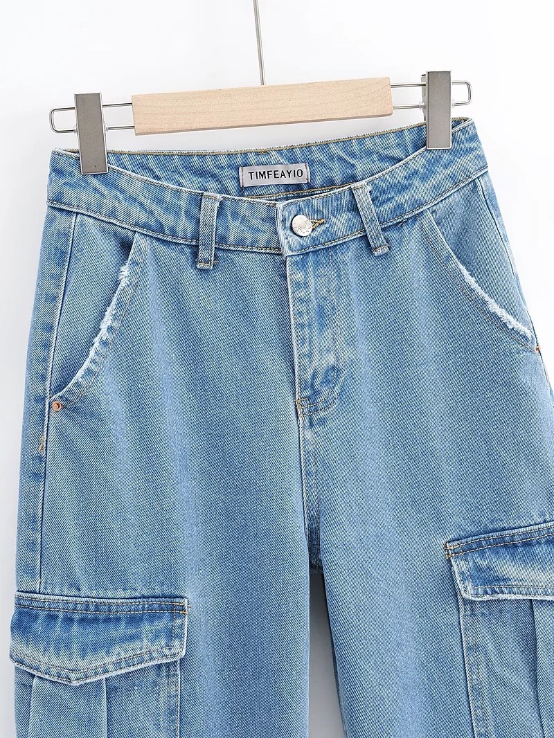 Washed Blue Pocket Decorated High Waist Wide-leg Jeans Women Casual Jeans - Image 5