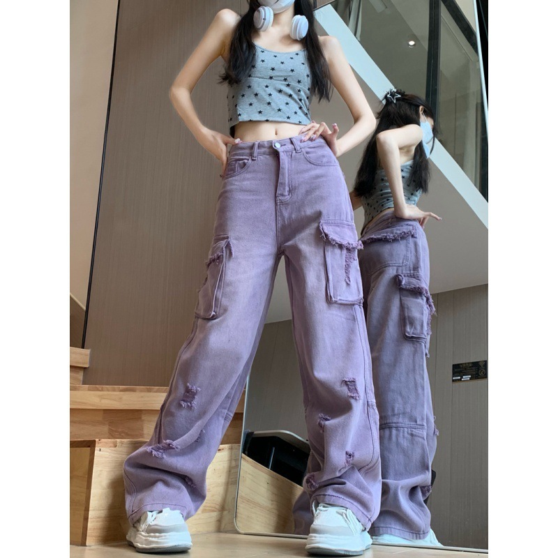 Summer Retro Hot Girl Sweet Cool Style Purple Washed Distressed Straight Wide Leg Jeans For Women - Image 9