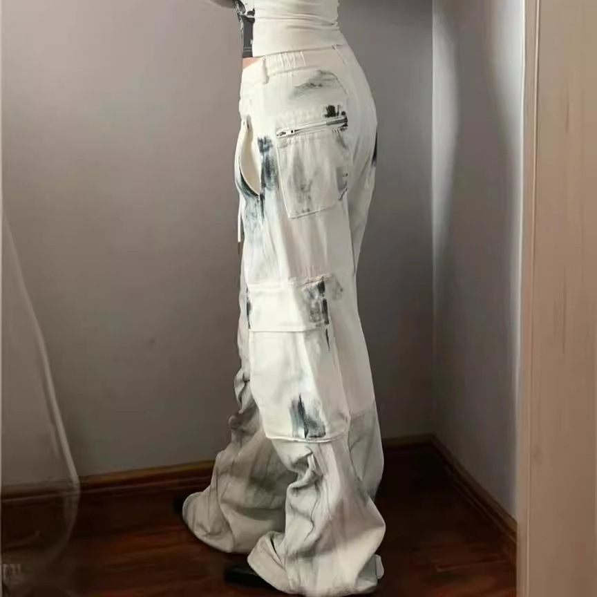 Plus Size Washed Brushed Multi-pocket Workwear Jeans For Women - Image 3