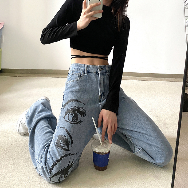Fashion Personality Eye Print Blue Jeans Women - Image 4