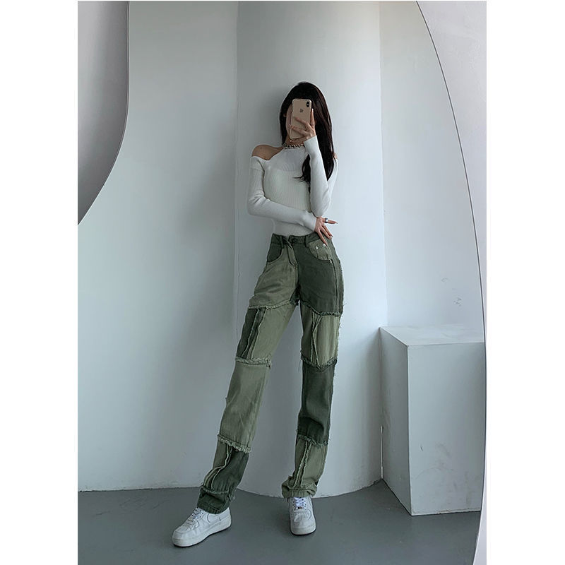 Stitching Contrast Color High Waist Straight Jeans Trendy Women