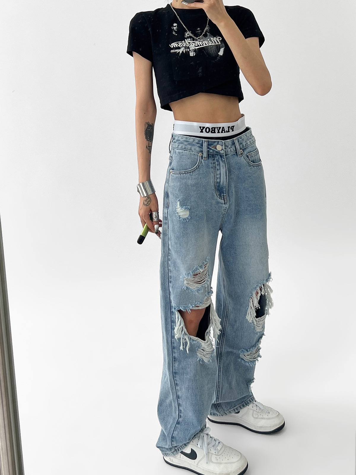 Light Blue Thin Ripped Jeans For Women - Image 9