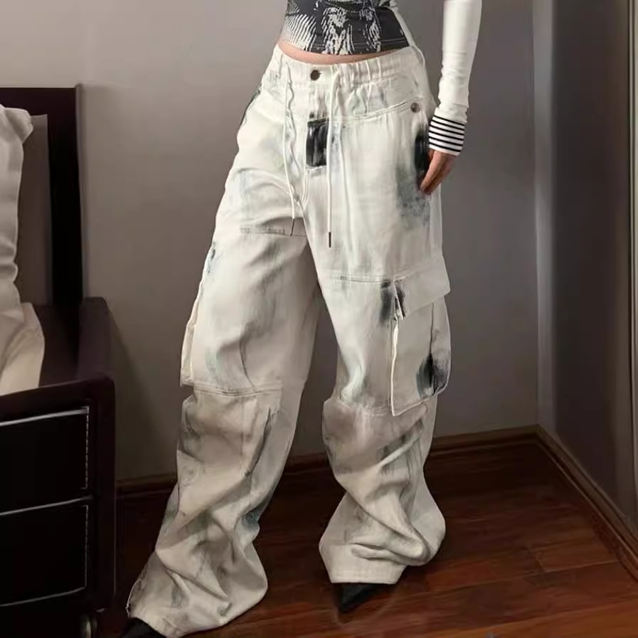 Plus Size Washed Brushed Multi-pocket Workwear Jeans For Women - Image 6