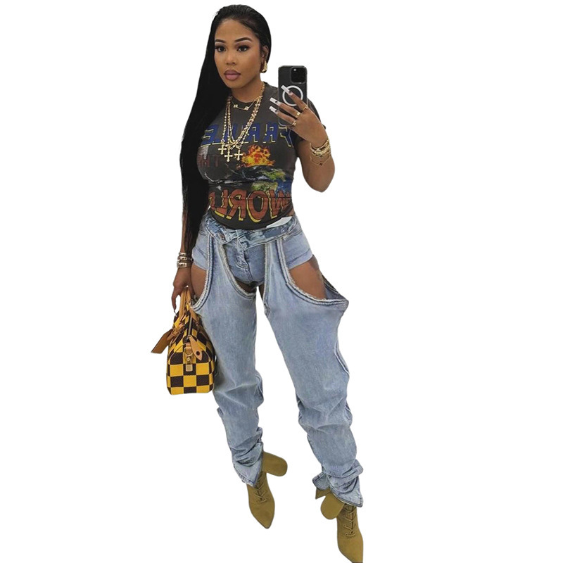 Fashion Trend Irregular Hollow-out High Waist Jeans For Women - Image 5
