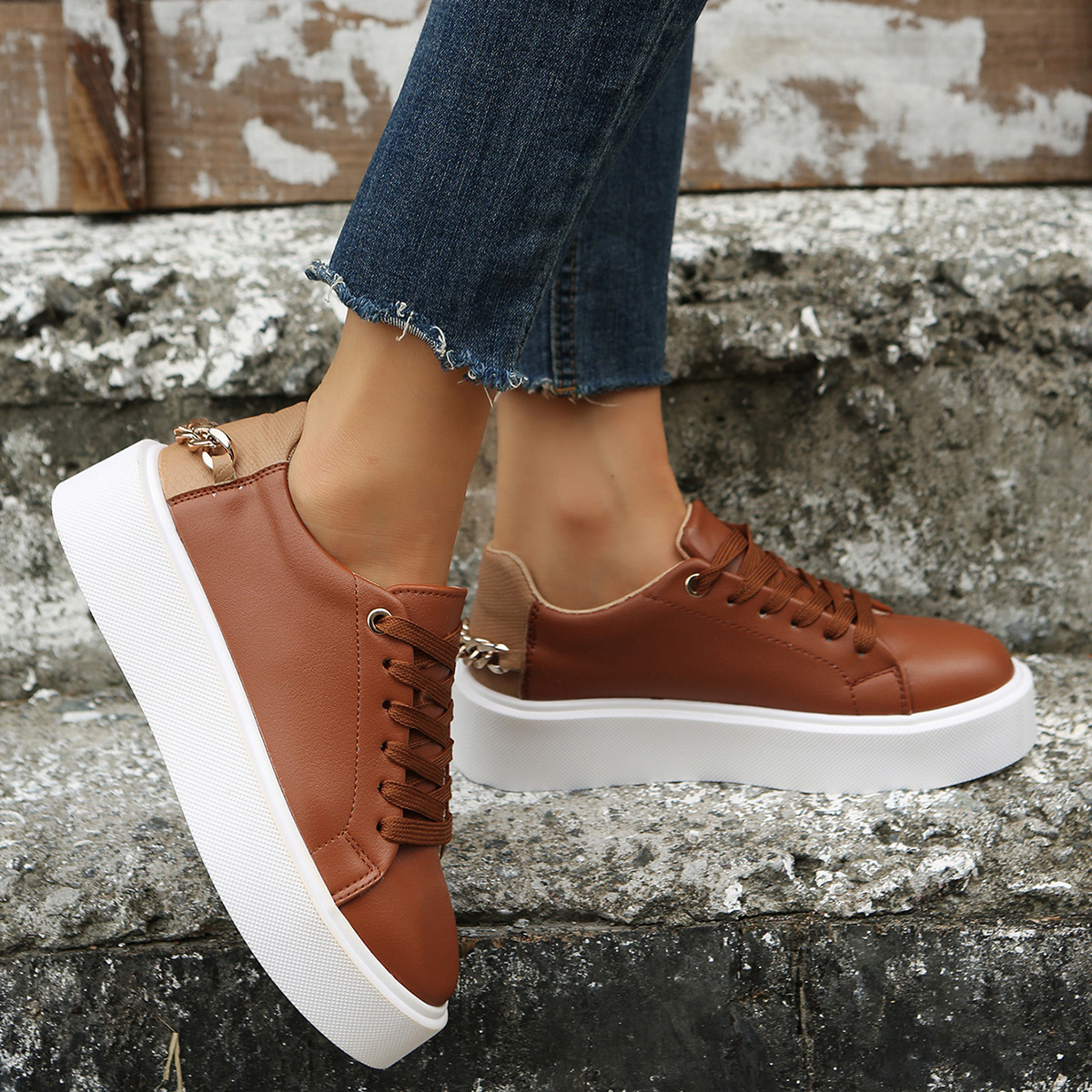 Flat Shoes With Chain Lace Up Sneakers Women Casual Sports Shoes - Image 6