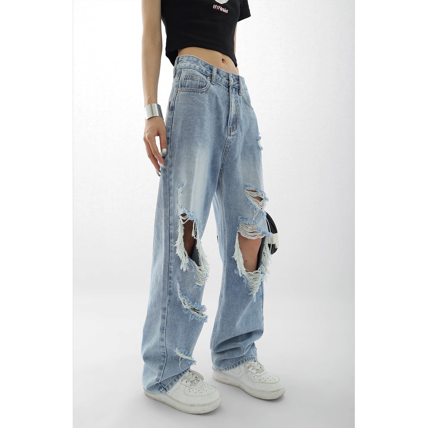 Light Blue Thin Ripped Jeans For Women - Image 4