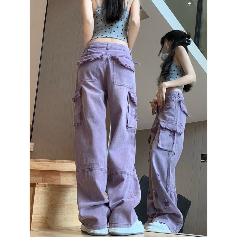 Summer Retro Hot Girl Sweet Cool Style Purple Washed Distressed Straight Wide Leg Jeans For Women - Image 3