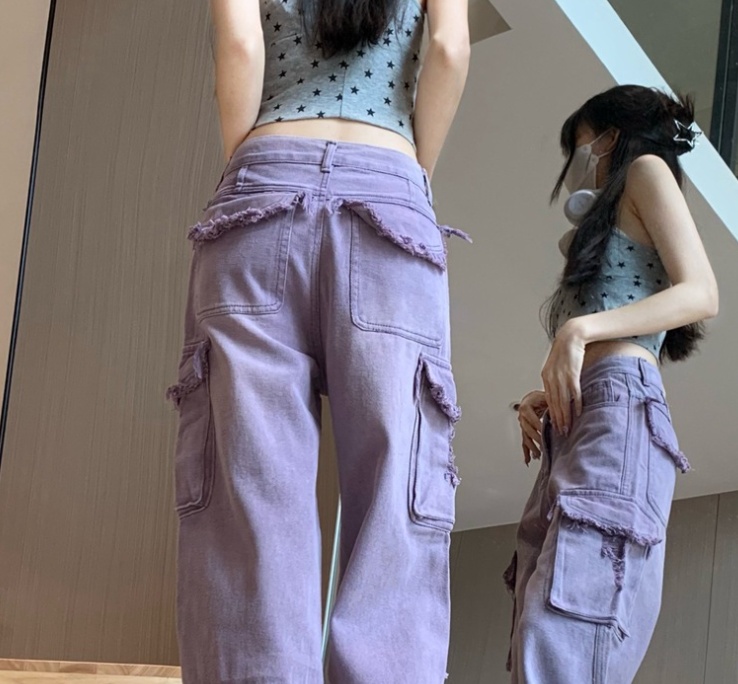 Summer Retro Hot Girl Sweet Cool Style Purple Washed Distressed Straight Wide Leg Jeans For Women - Image 7