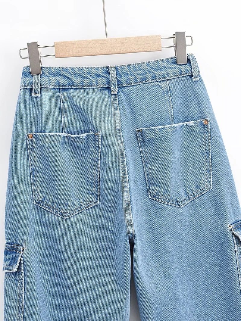 Washed Blue Pocket Decorated High Waist Wide-leg Jeans Women Casual Jeans - Image 4
