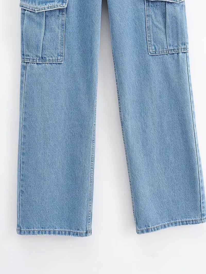 Washed Blue Pocket Decorated High Waist Wide-leg Jeans Women Casual Jeans - Image 3