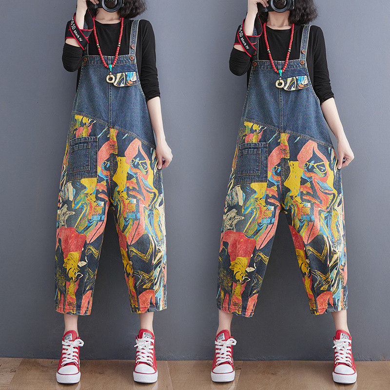 Lean Printed Jeans With Straps And Cropped Trousers For Women - Image 6