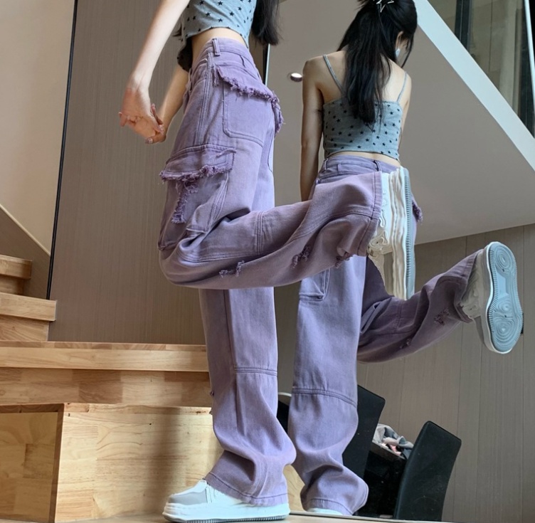 Summer Retro Hot Girl Sweet Cool Style Purple Washed Distressed Straight Wide Leg Jeans For Women - Image 4