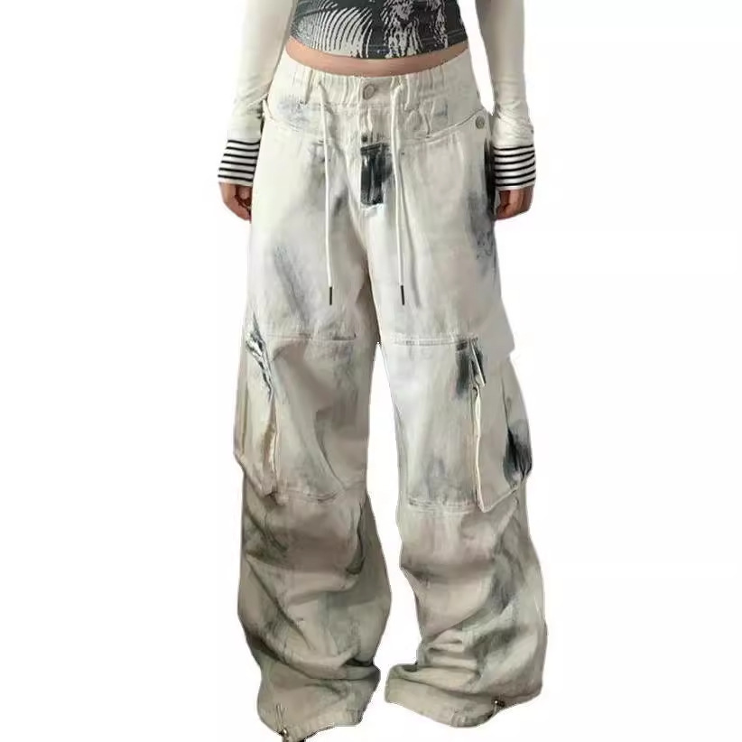 Plus Size Washed Brushed Multi-pocket Workwear Jeans For Women - Image 7